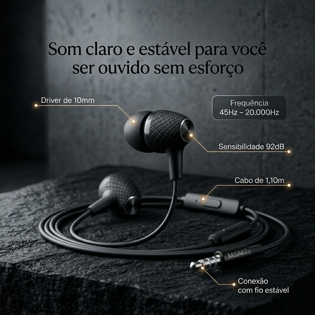 Fone de Ouvido Misaki com Fio Preto 90 cm
